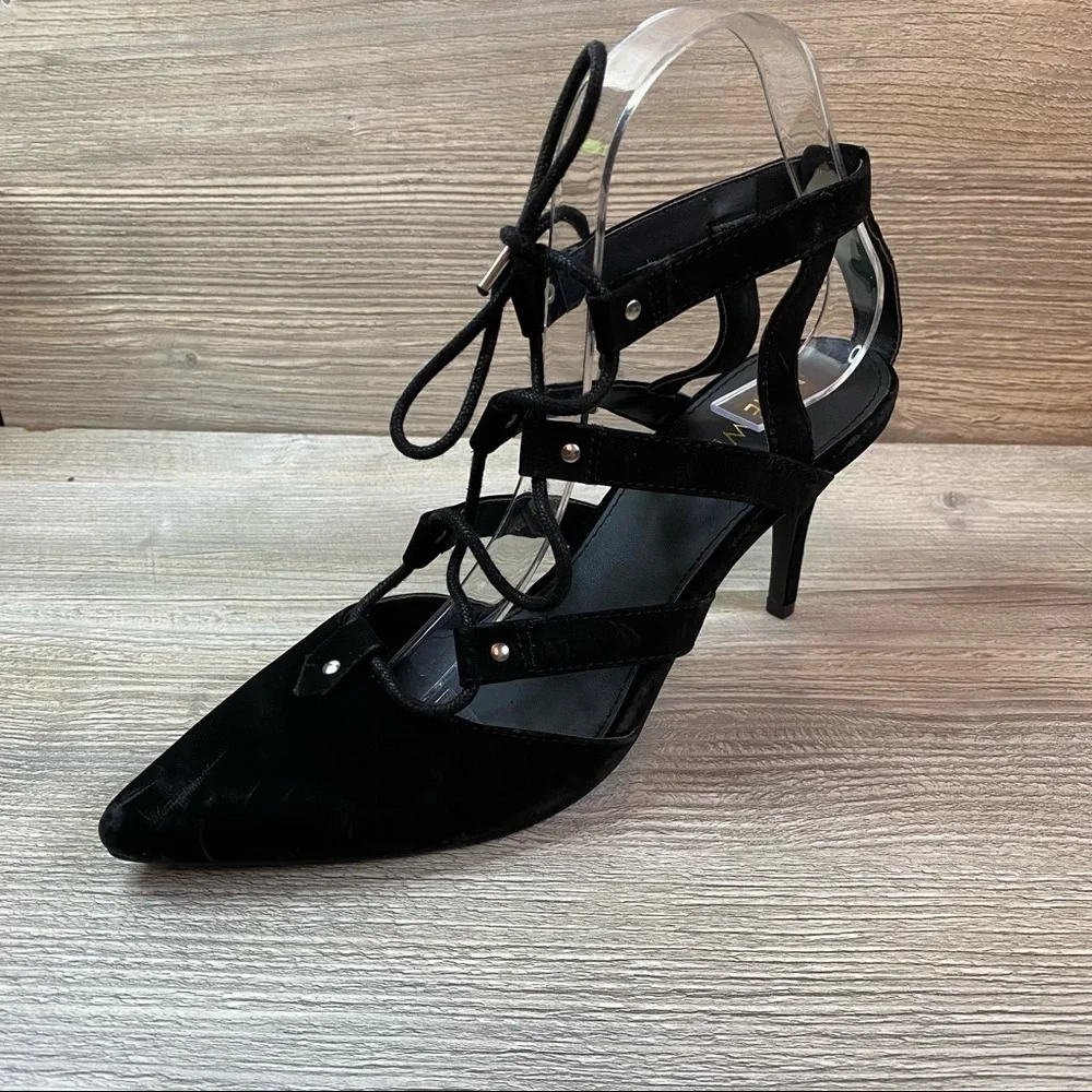 Black velvet pointy lace up heels